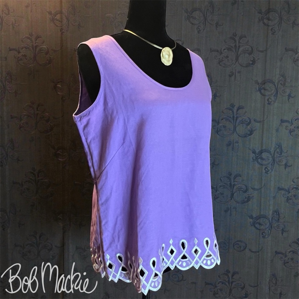 NWT Bob Mackie Linen Blend Tank Top Purple White Embroidered Cutout Hem Size M